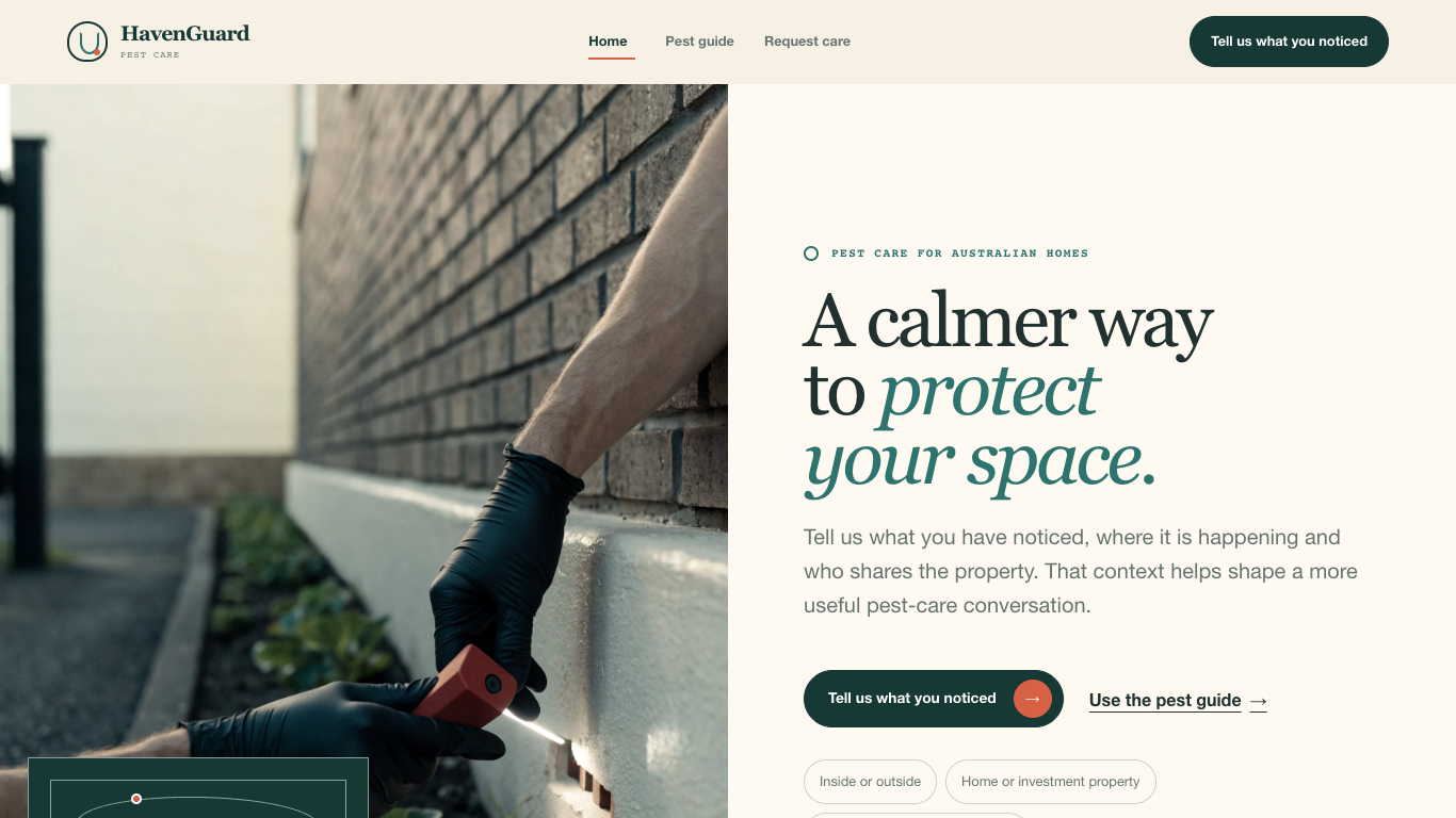 HavenGuard Pest Care desktop homepage with pest identification paths and calm home protection guidance.