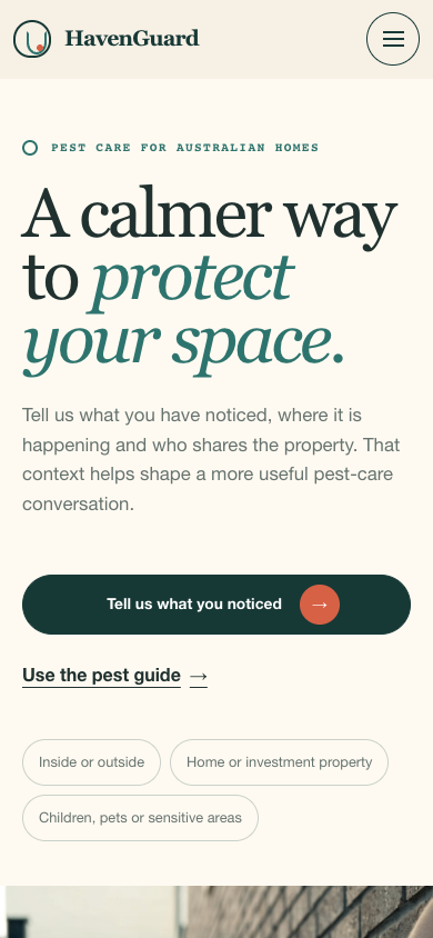 HavenGuard Pest Care mobile homepage with compact pest choices and a property enquiry action.