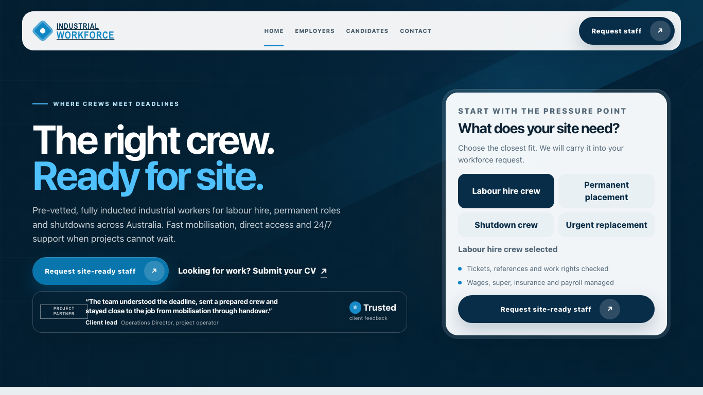 Industrial Workforce desktop homepage with workforce messaging, recruitment navigation and an enquiry action.