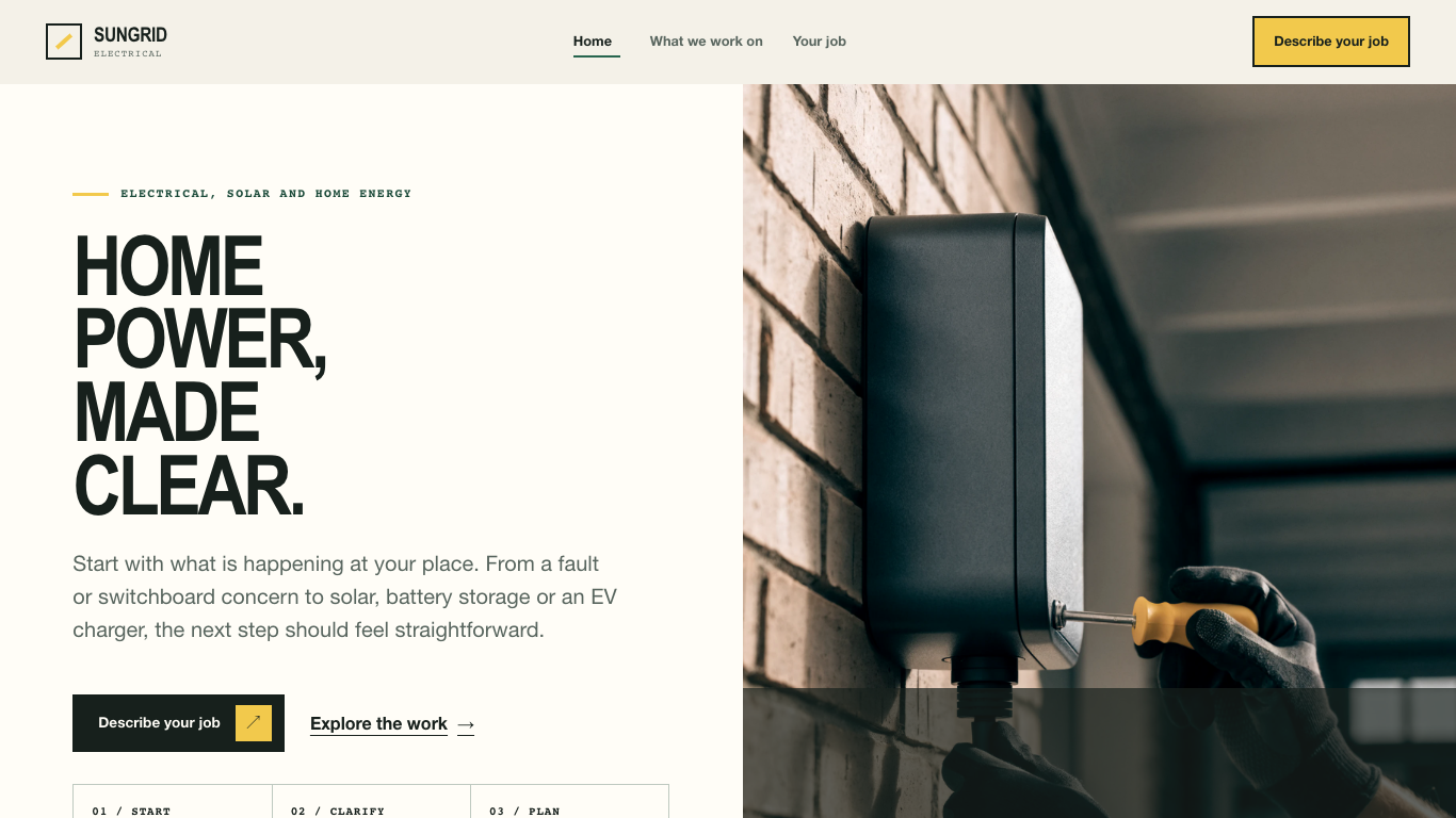 Sungrid Electrical desktop homepage with electrical service and home energy planning pathways.
