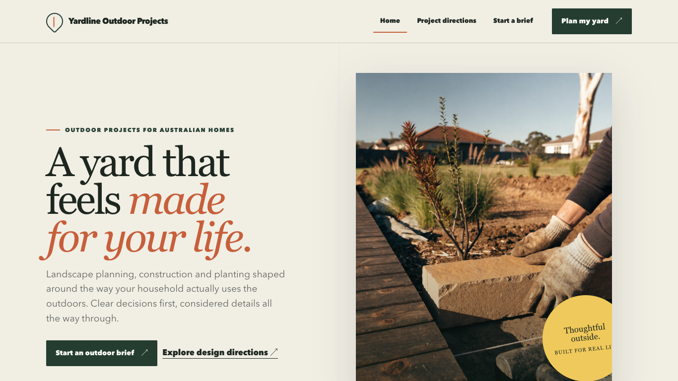 Yardline Outdoor Projects desktop homepage with a residential landscape concept and project planning path.