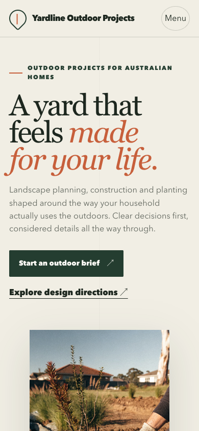Yardline Outdoor Projects mobile homepage with outdoor project directions and a compact brief action.